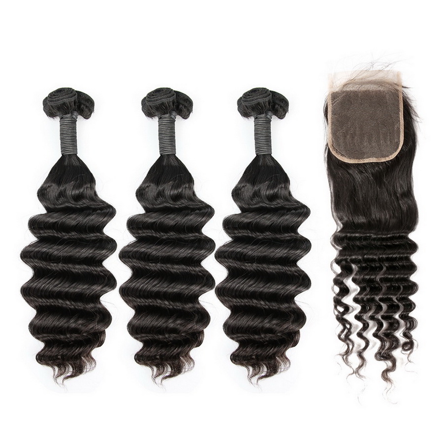 Uglam Double Drawn Bundles With 4X4 Lace Closure Loose Deep Wave